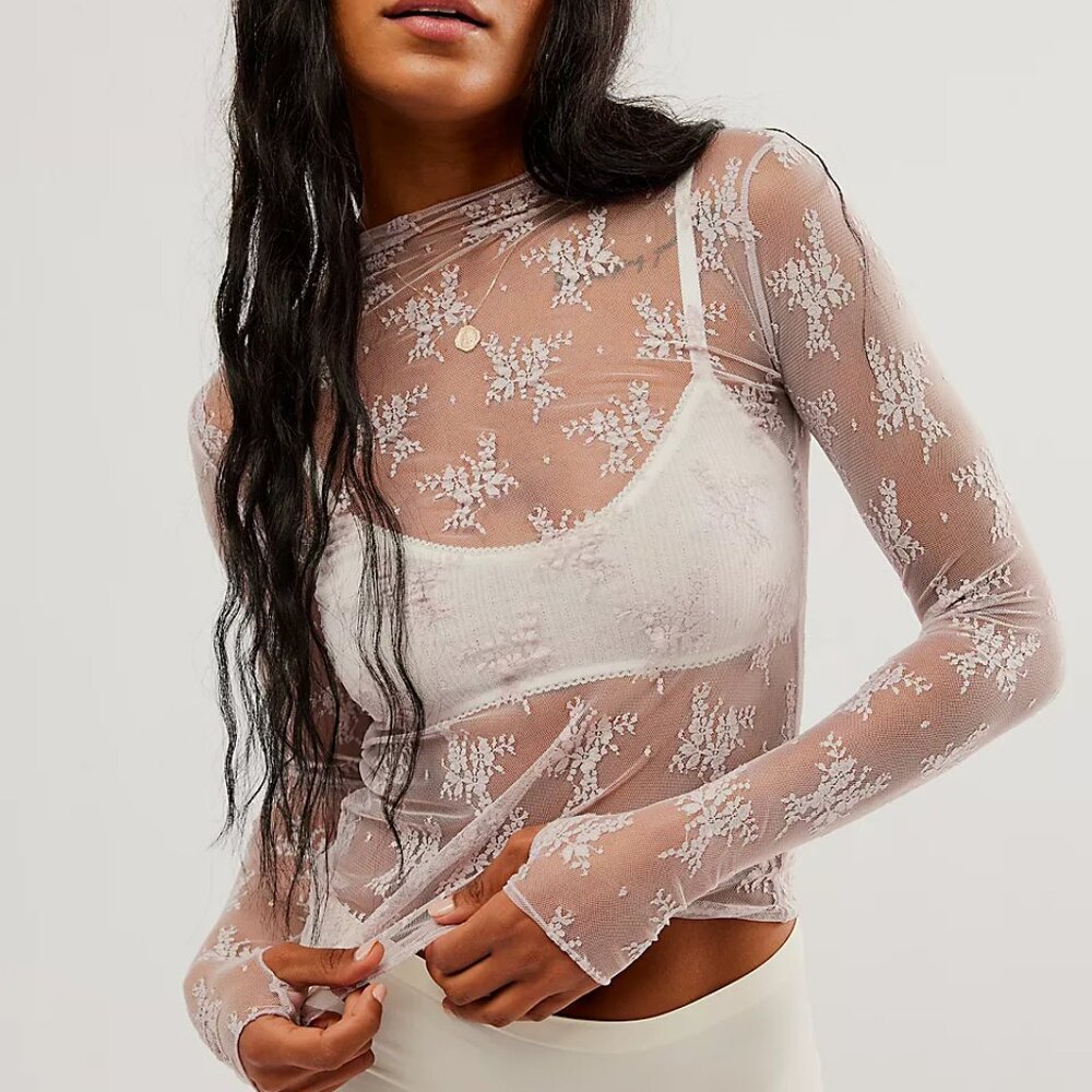 Free People Sheer Floral Lace Long Sleeve Top in Pale Pink